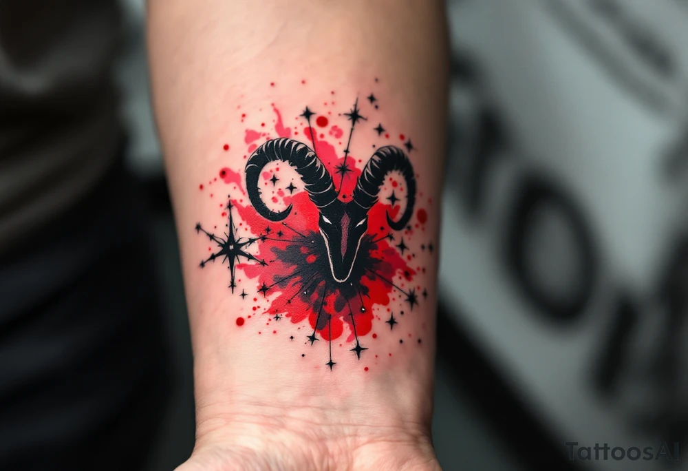 This Aries zodiac sign inspired tattoo uses deep black stars connected with silver lines over a red watercolor splash. tattoo idea