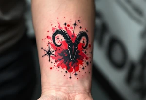 This Aries zodiac sign inspired tattoo uses deep black stars connected with silver lines over a red watercolor splash. tattoo idea