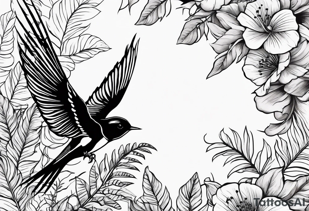 Swallow birds and floral background with ferns tattoo idea