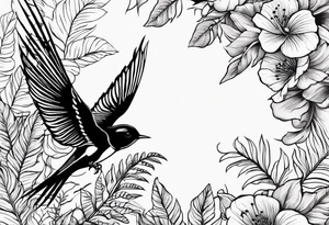 Swallow birds and floral background with ferns tattoo idea