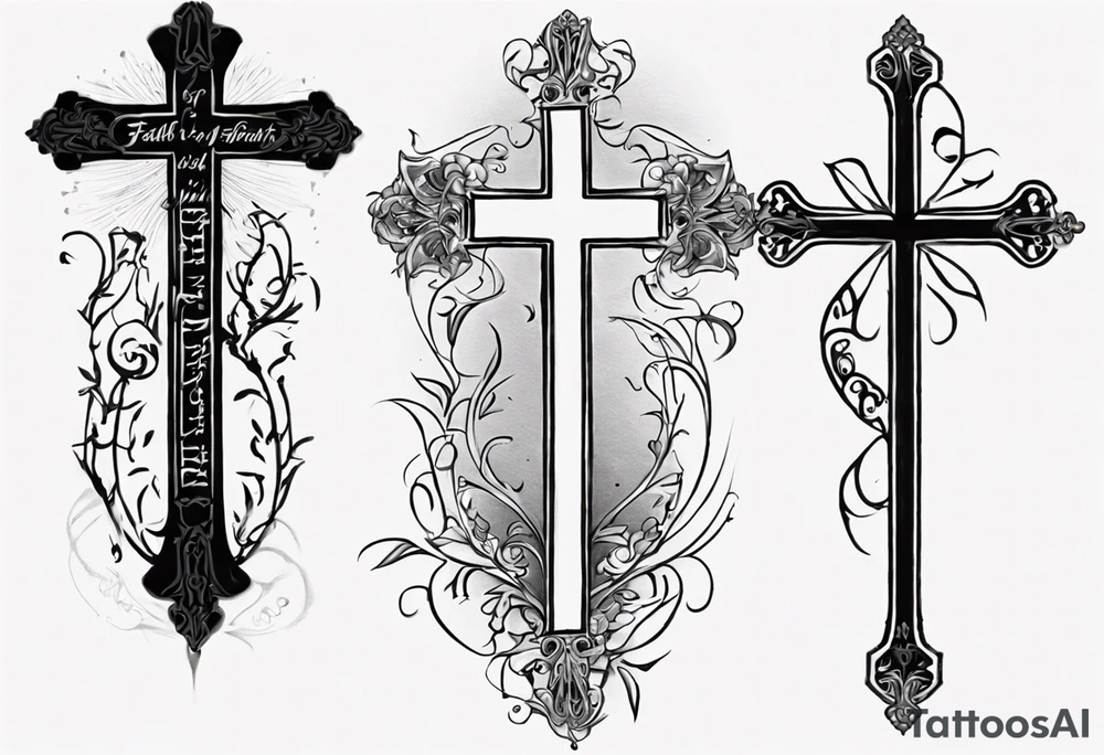 envision a horizontal placement of the quote “walk by faith, not by sight” with an elegant script font. Integrate a subtle stairwell leading to a delicate cross near the gates of heaven. This design captures the essence of the journey guided by faith. tattoo idea
