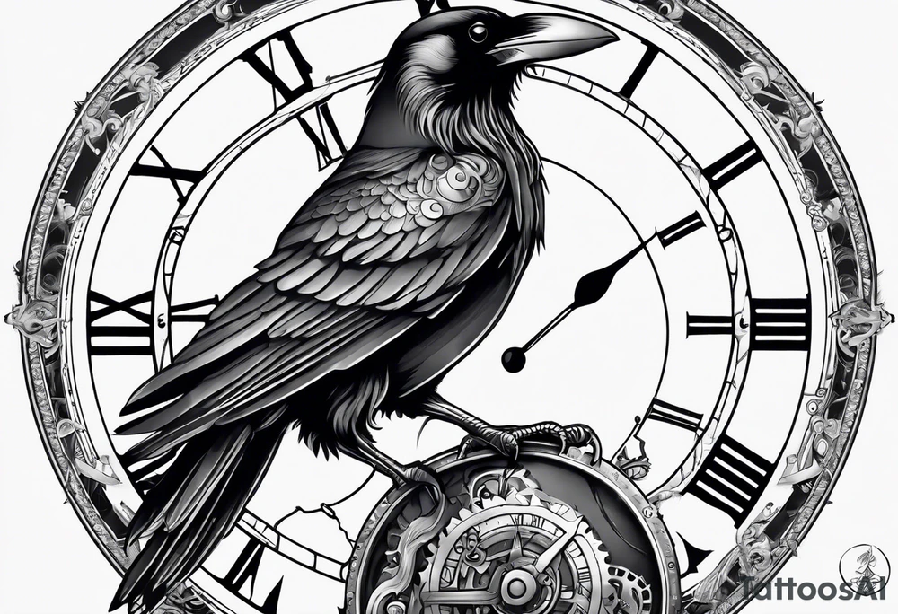 Raven sitting on a clockwork tattoo idea