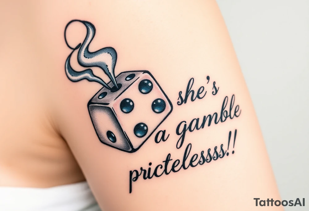 Smoking rolling dice with cursive writing "LALA SHE'S A Gamble BUT TRULY priceless!!! tattoo idea