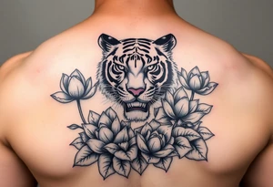 fierce tiger emerging through blooming lotus flowers in mist tattoo idea