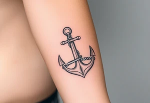 weathered anchor wrapped in nautical rope with sea waves tattoo idea
