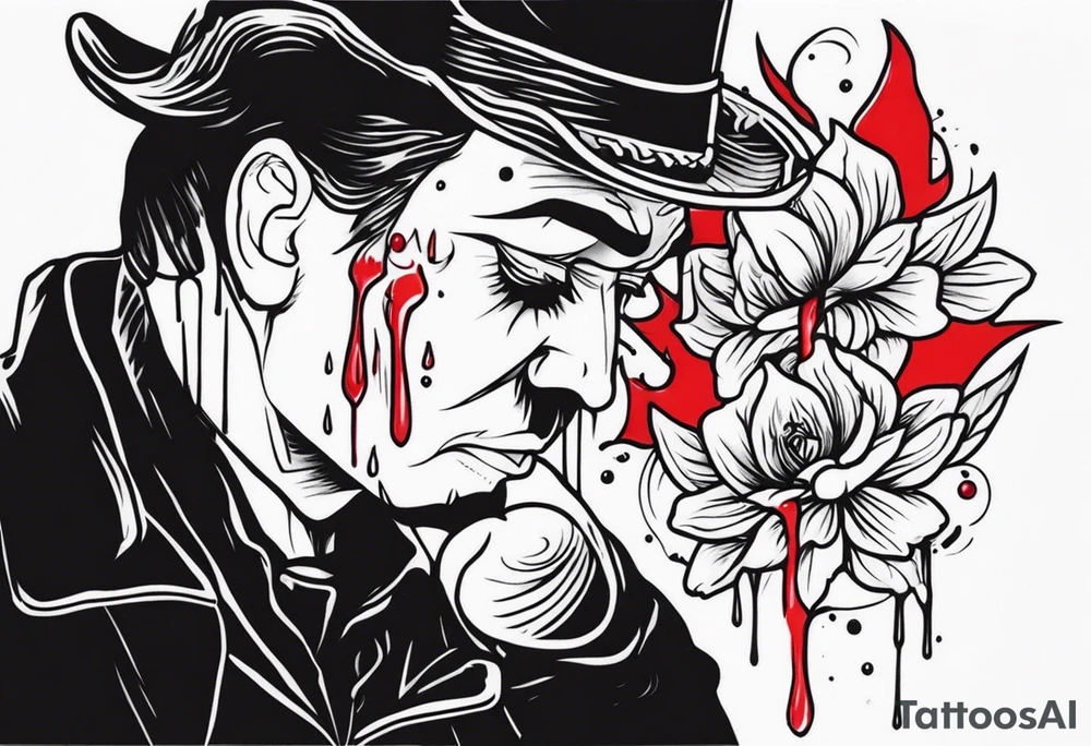 Bleeding tear flows to down from red eye Man sleeve tattoo design tattoo idea
