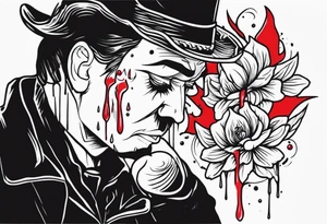 Bleeding tear flows to down from red eye Man sleeve tattoo design tattoo idea