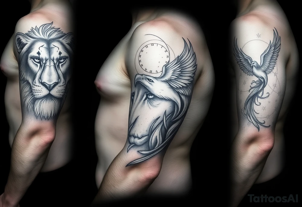 Lion face on, phoenix face on rising from ashes to night sky and subtle Leo zodiac tattoo idea