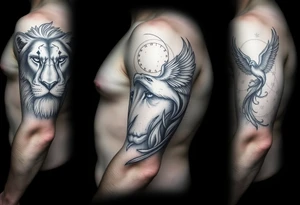 Lion face on, phoenix face on rising from ashes to night sky and subtle Leo zodiac tattoo idea