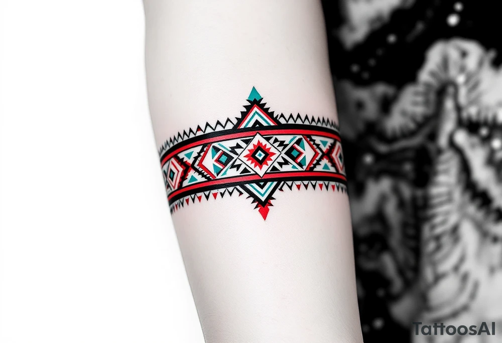A navaho-inspired geometric band in red, turquoise, black, and white, wrapping around the arm. tattoo idea