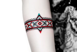 A navaho-inspired geometric band in red, turquoise, black, and white, wrapping around the arm. tattoo idea