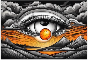 simple eyeball in dark stormy clouds with orange lightning coming from the clouds tattoo idea