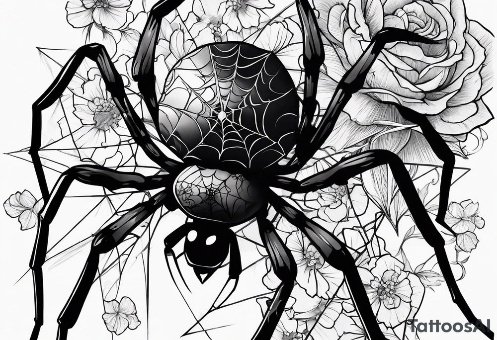 Spiders and black flowers tattoo idea