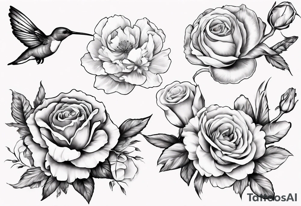 a sleeve tattoo of four flowers , Paperwhites flower, Peony flower, Cosmos Flower, Rose Flower, a hummingbird sucking on the rose flower and two butterflies flying. tattoo idea