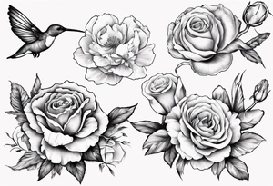 a sleeve tattoo of four flowers , Paperwhites flower, Peony flower, Cosmos Flower, Rose Flower, a hummingbird sucking on the rose flower and two butterflies flying. tattoo idea