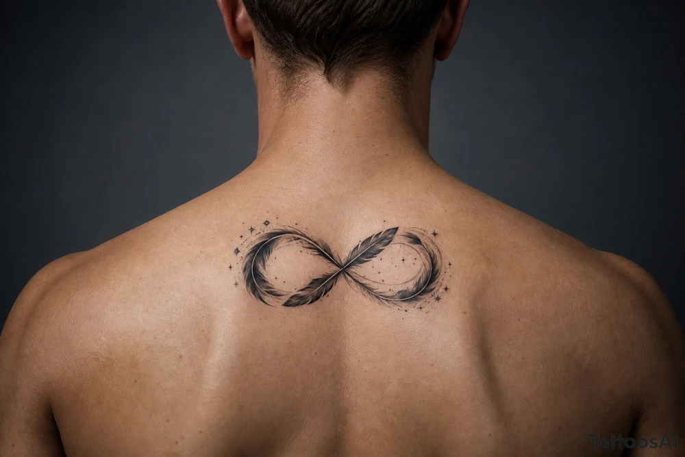 infinity symbol woven with floating feathers and stardust tattoo idea