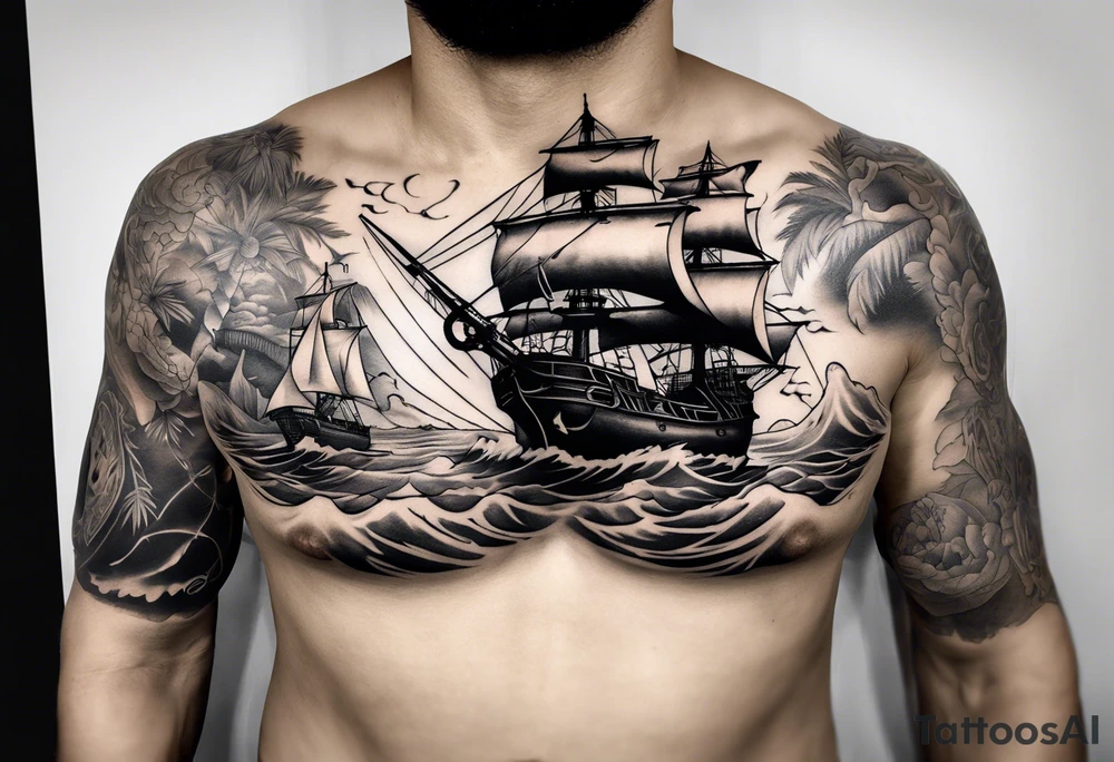Chest tattoo that is about pirates ,captain ,treasure map no persons tattoo idea