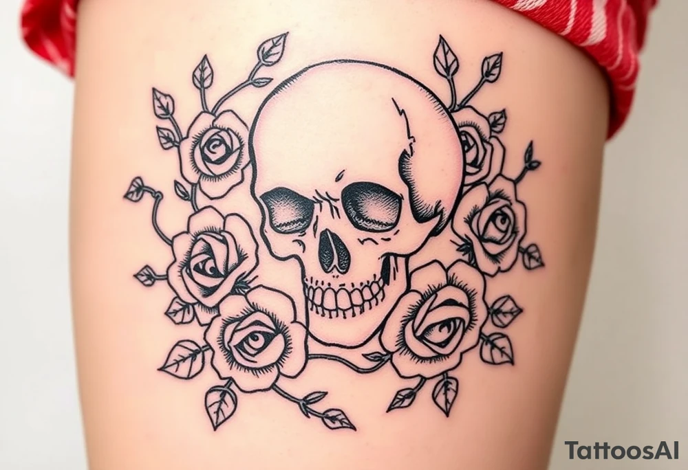 skull intertwined with roses and thorny vines tattoo idea