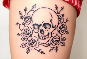 skull intertwined with roses and thorny vines tattoo idea