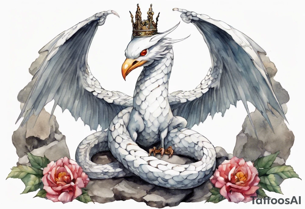a white bird-serpent hybrid, wearing a pewter crown on its head, resting on a stone throne tattoo idea