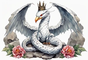 a white bird-serpent hybrid, wearing a pewter crown on its head, resting on a stone throne tattoo idea