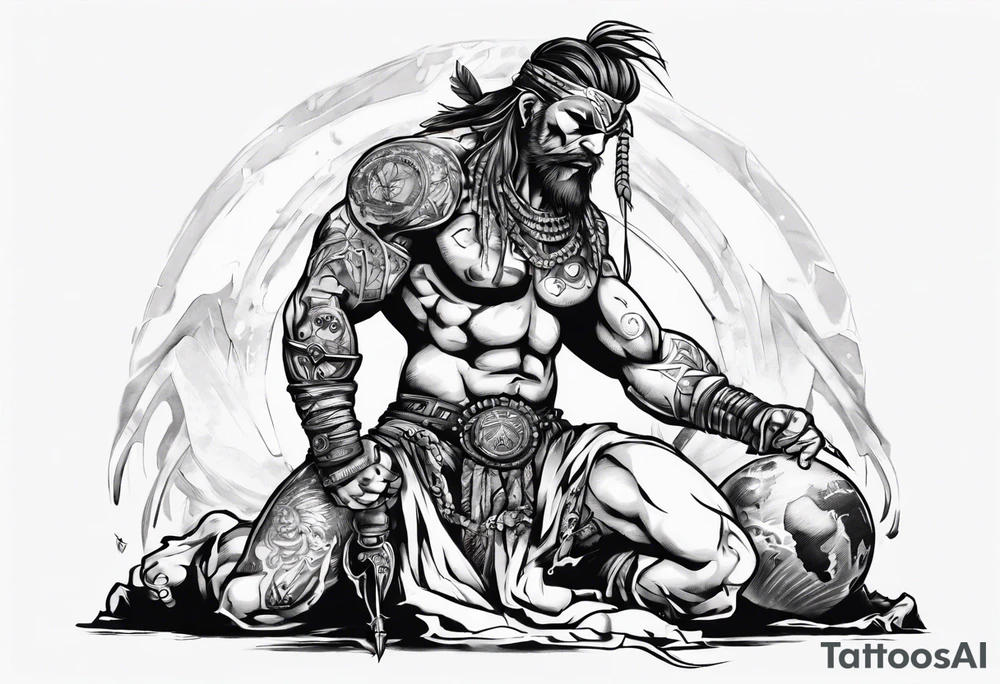 Savage warrior kneeling with the world on his shoulders. Peaceful tattoo idea