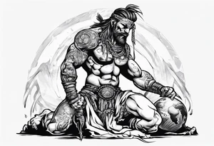 Savage warrior kneeling with the world on his shoulders. Peaceful tattoo idea