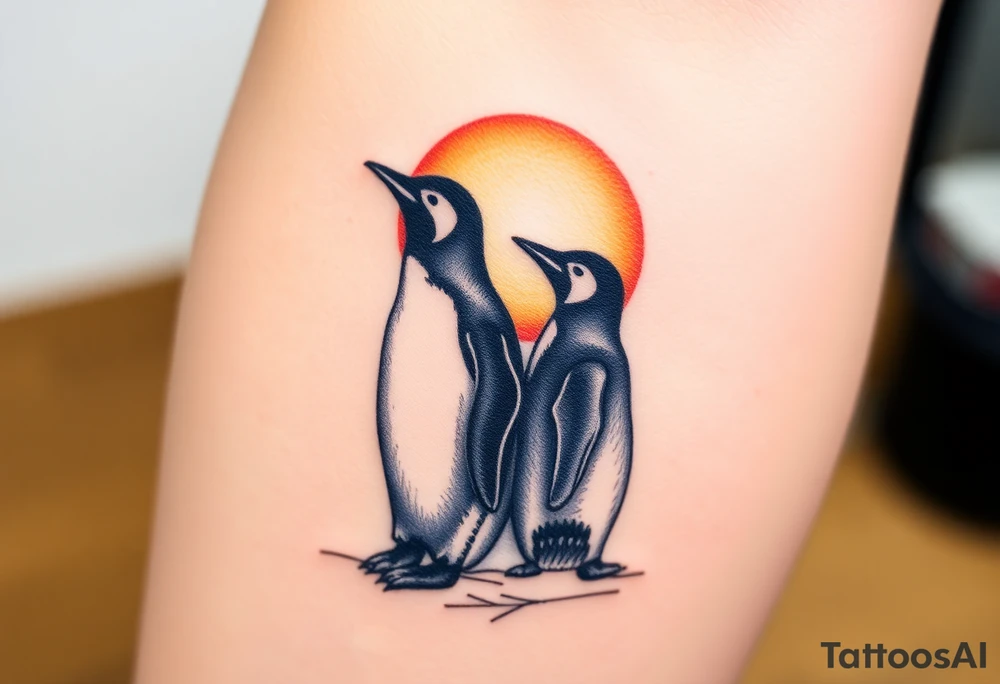 Penguin couple, looking away towards a sunset tattoo idea
