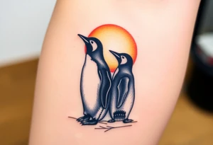 Penguin couple, looking away towards a sunset tattoo idea
