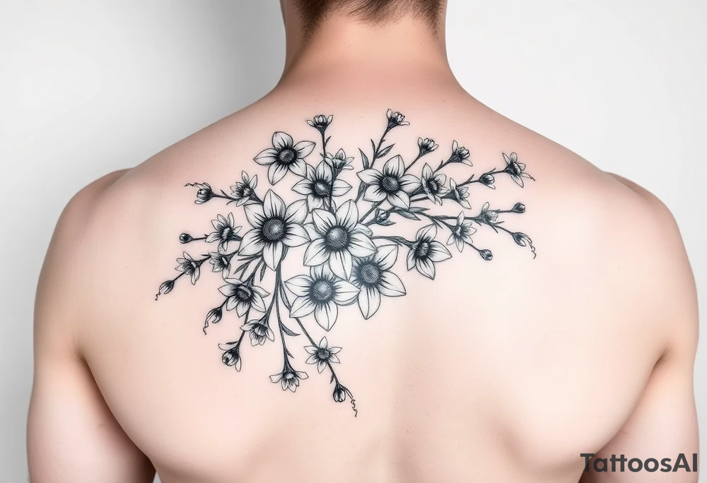 realistic scatter of daisies, daffodils, lily of the valley upper arm sleeve tattoo idea