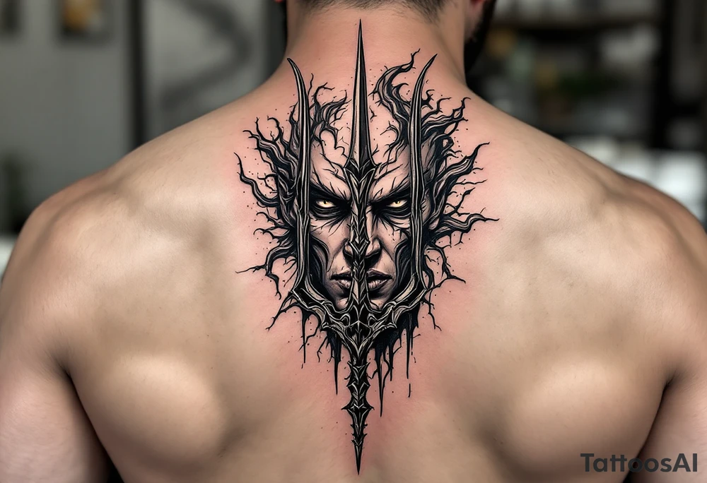 face behind trident tattoo idea