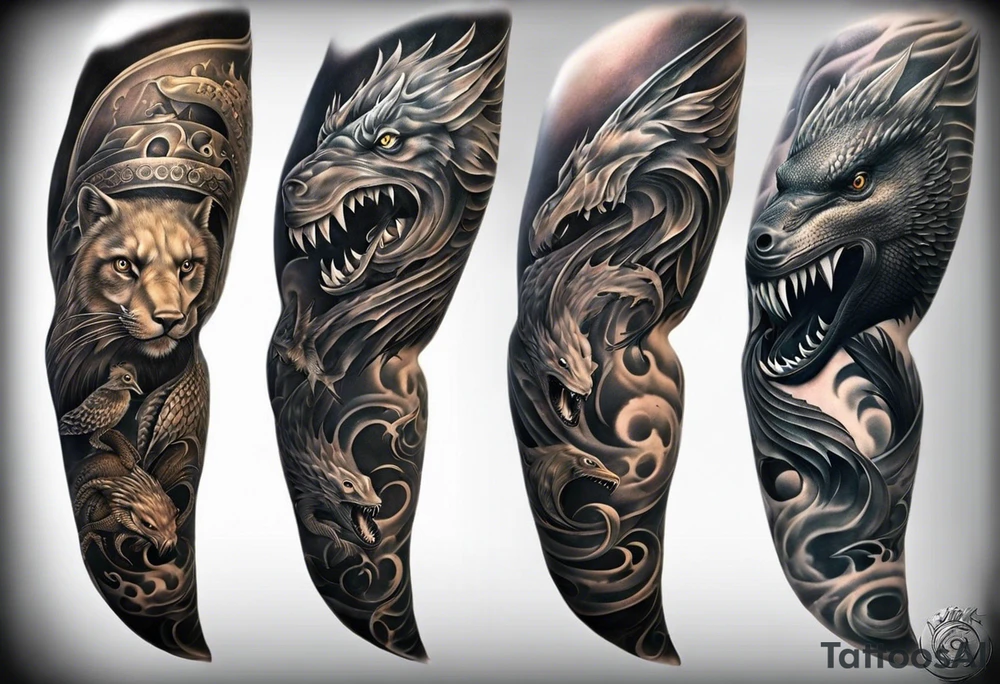 A full sleeve arm tattoo starting with an octopus by the hand going to a great white shark then an angler fish. Forearm will be a Komodo dragon, bull, and wolf. The bicep will be birds with a golden eagle, raven and owl tattoo idea