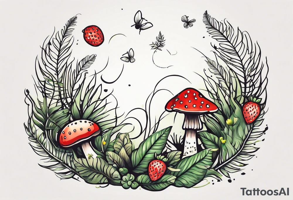 forest floor inspired minimalist tattoo, which includes grass, curly ferns and dead leaves as the bulk of the tattoo. details to include: three very tiny strawberries, a tiny bumblebee flying nearby, three small brown mushrooms tattoo idea