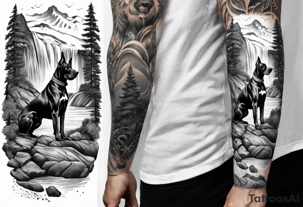 Arm sleeve for man with 4 Great Danes in front of a waterfall outdoor fillwork tattoo idea