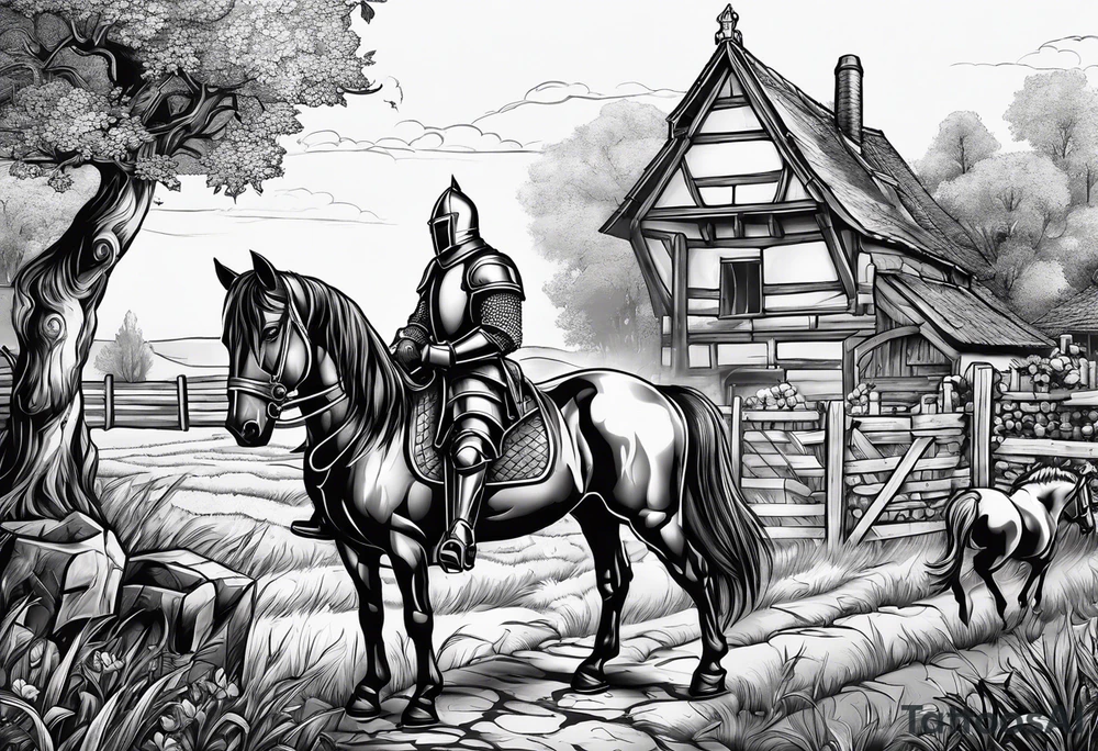 a knight kneeling with an old farm in the background and horses in the netherlands tattoo idea