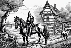 a knight kneeling with an old farm in the background and horses in the netherlands tattoo idea