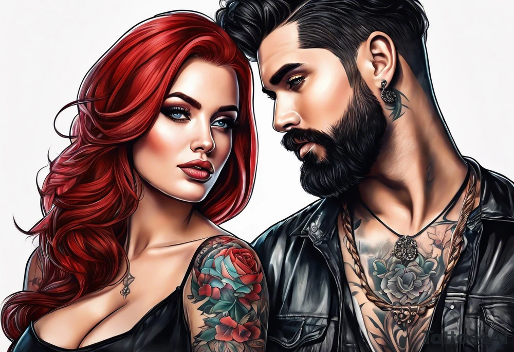 Busty Red haired woman with black haired bearded man tattoo idea