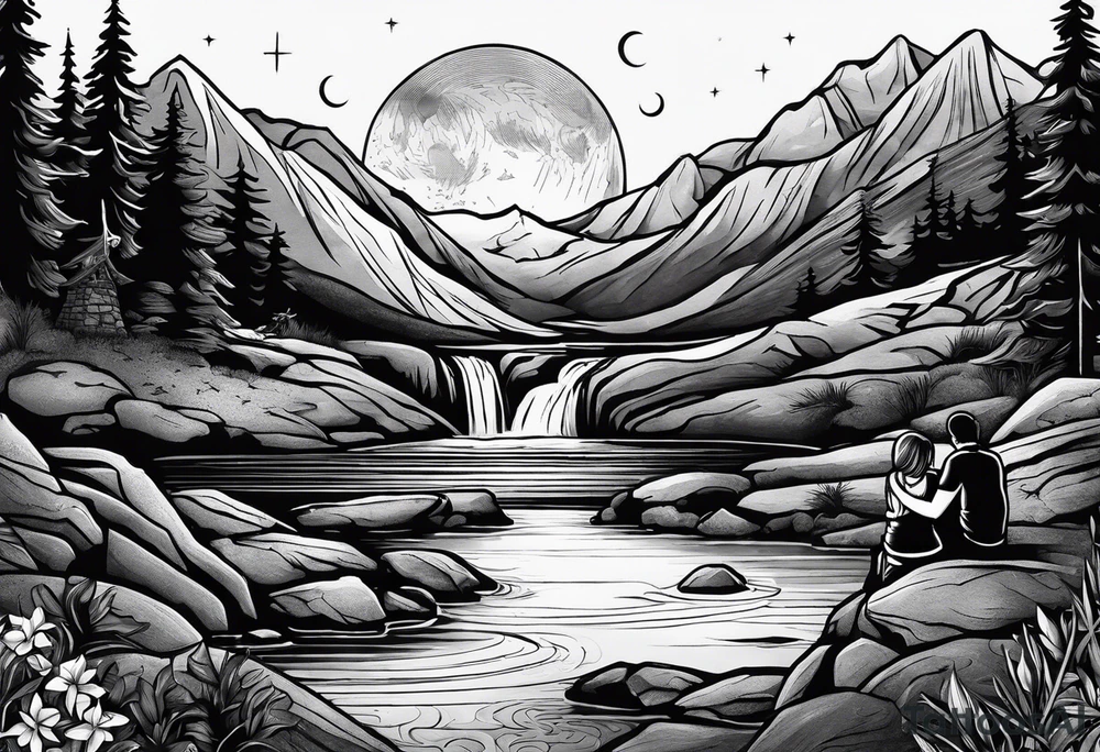 a family of three sitting in a nature with mountains, waterfall, water, and a cross in the background and and moon in the sky with stars tattoo idea