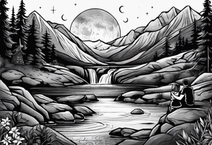 a family of three sitting in a nature with mountains, waterfall, water, and a cross in the background and and moon in the sky with stars tattoo idea
