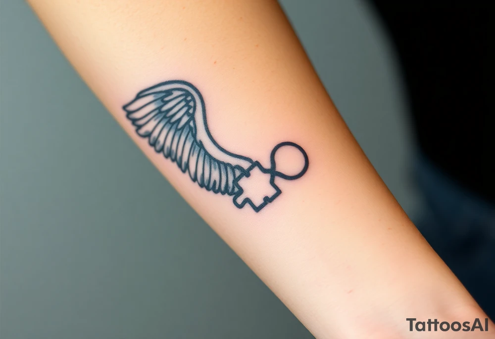 “Wing that shows struggle without glorifying ‘brokenness’—more mended/covered/cared for. Clean blackwork, gentle shading, small scripture reference optional, autism-affirming infinity loop (not puzzle piece tattoo idea