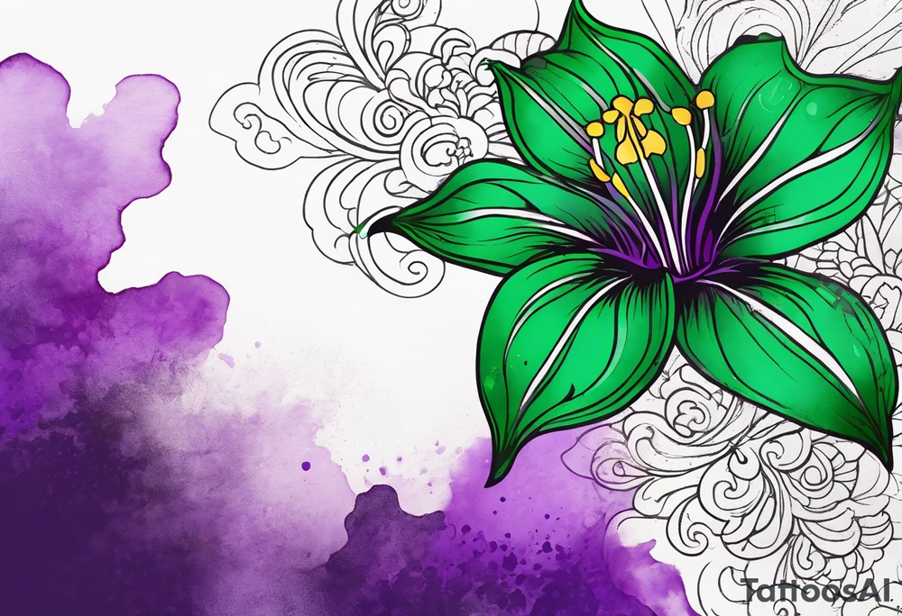 A mystical outline of a green and purple rio dipladenia flower and a green and purple watercolor splash in the background tattoo idea