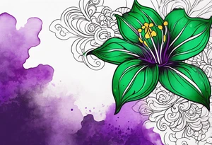 A mystical outline of a green and purple rio dipladenia flower and a green and purple watercolor splash in the background tattoo idea