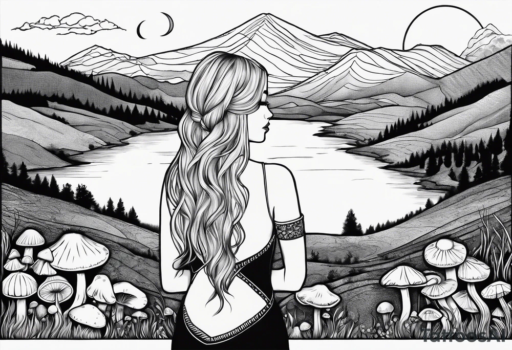 Straight blonde hair girl facing away toward mountains surrounded by mushrooms crescent moon circular design black and white striped dress tattoo idea
