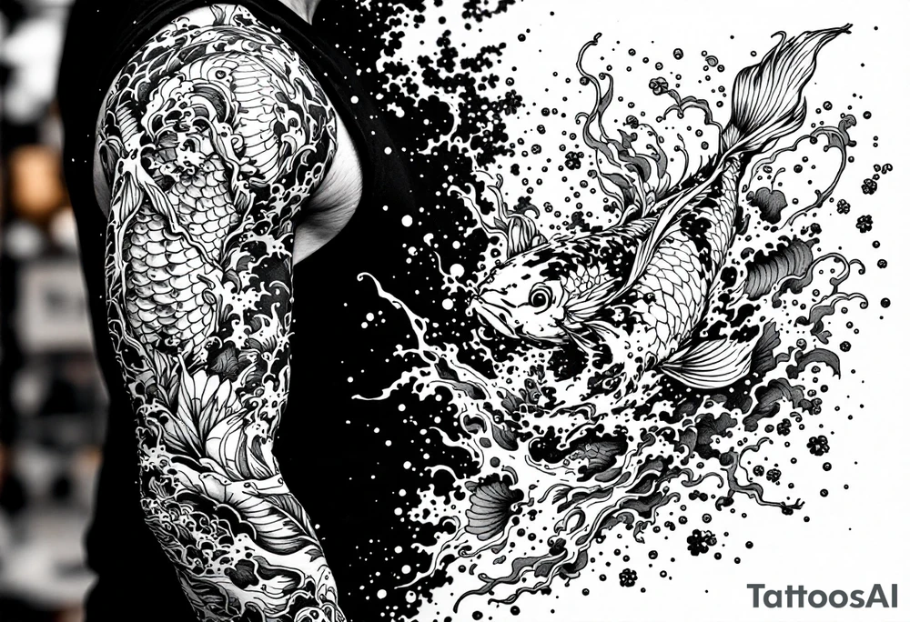 traditional koi fish swimming upstream through turbulent waves tattoo idea