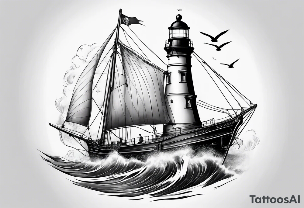 ghost marine lighthouse behind the bow of a sailboat. tattoo idea