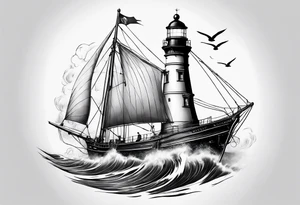 ghost marine lighthouse behind the bow of a sailboat. tattoo idea