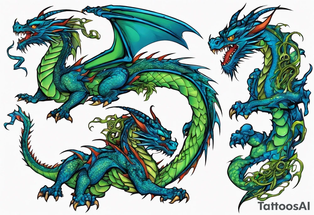 blue dragon tangled with a green dragon tattoo idea