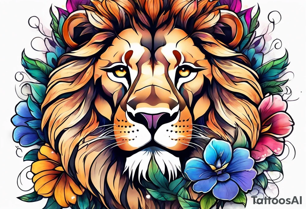 Lion with flowers and a crescent moon on forehead tattoo idea