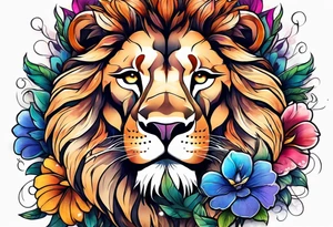 Lion with flowers and a crescent moon on forehead tattoo idea