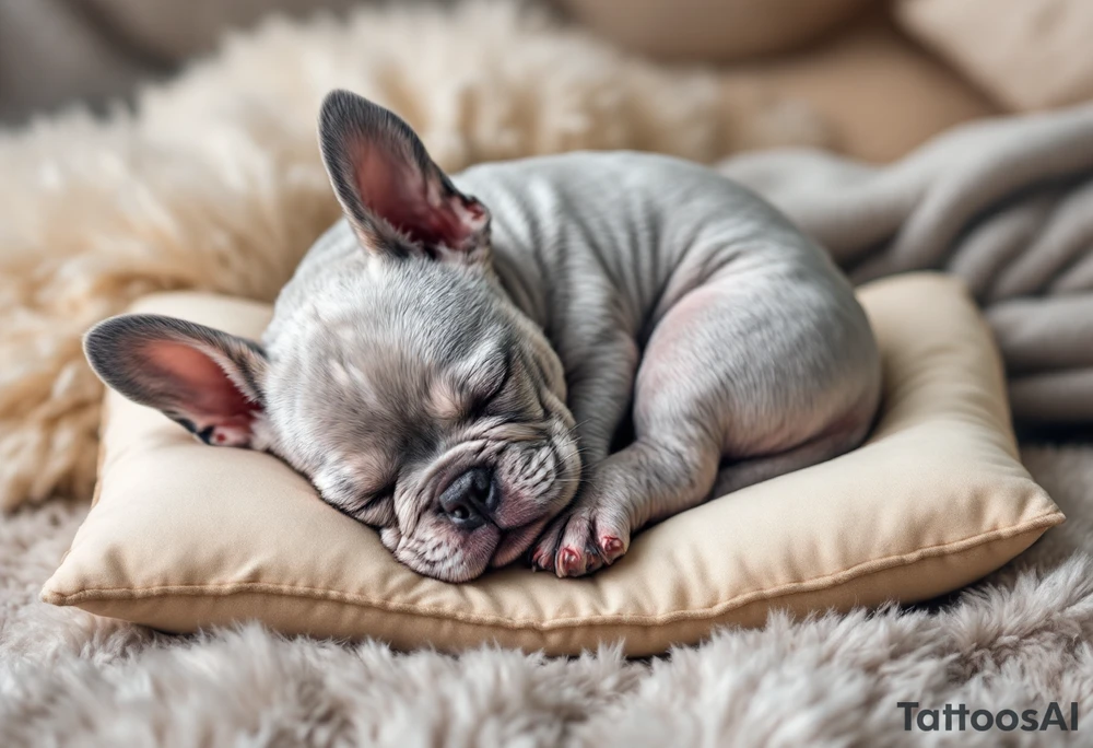 Sleeping French Bulldog puppy curled up in a ball, with light gray fur and subtle cream highlights, set on a cozy pillow. tattoo idea